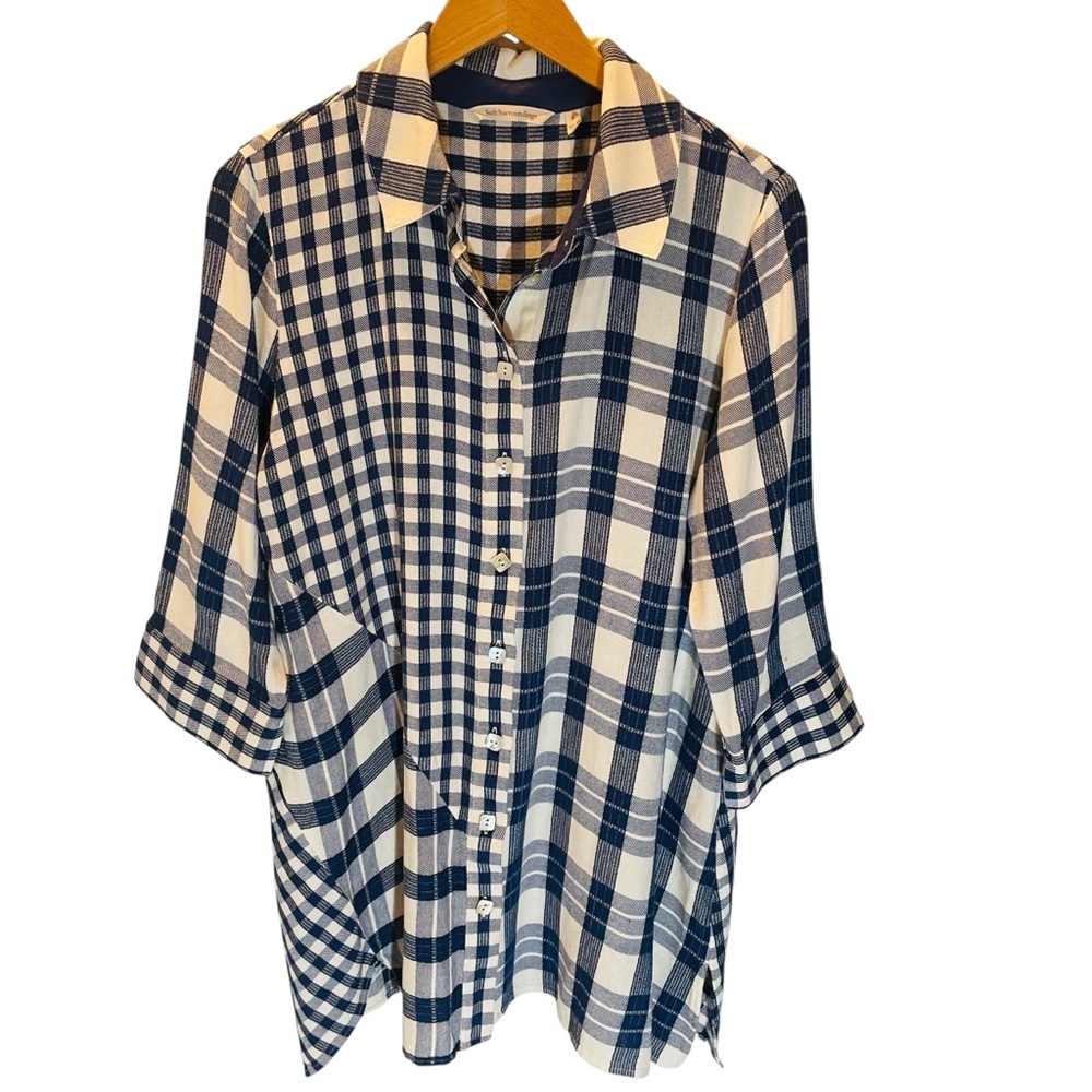 Soft Surroundings Huntleigh Button Up Shirt Tunic Navy & White Plaid Shirt Sz L